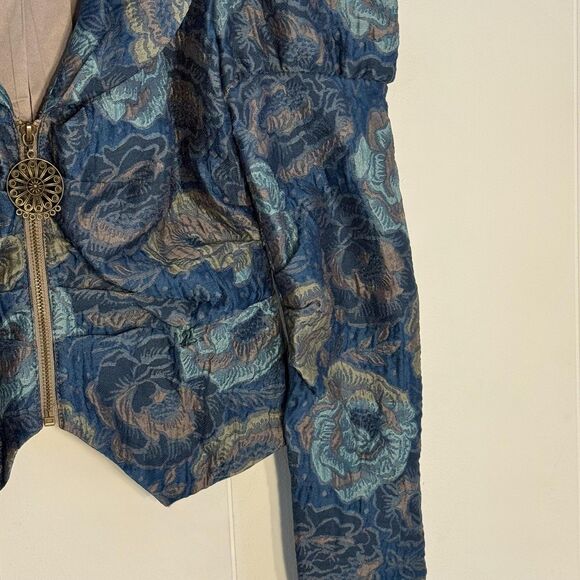 Y2k Bebe Jacket Womens 6 Blue Floral Brocade Puff Sleeve Cropped Zip Jacquard - Picture 5 of 16